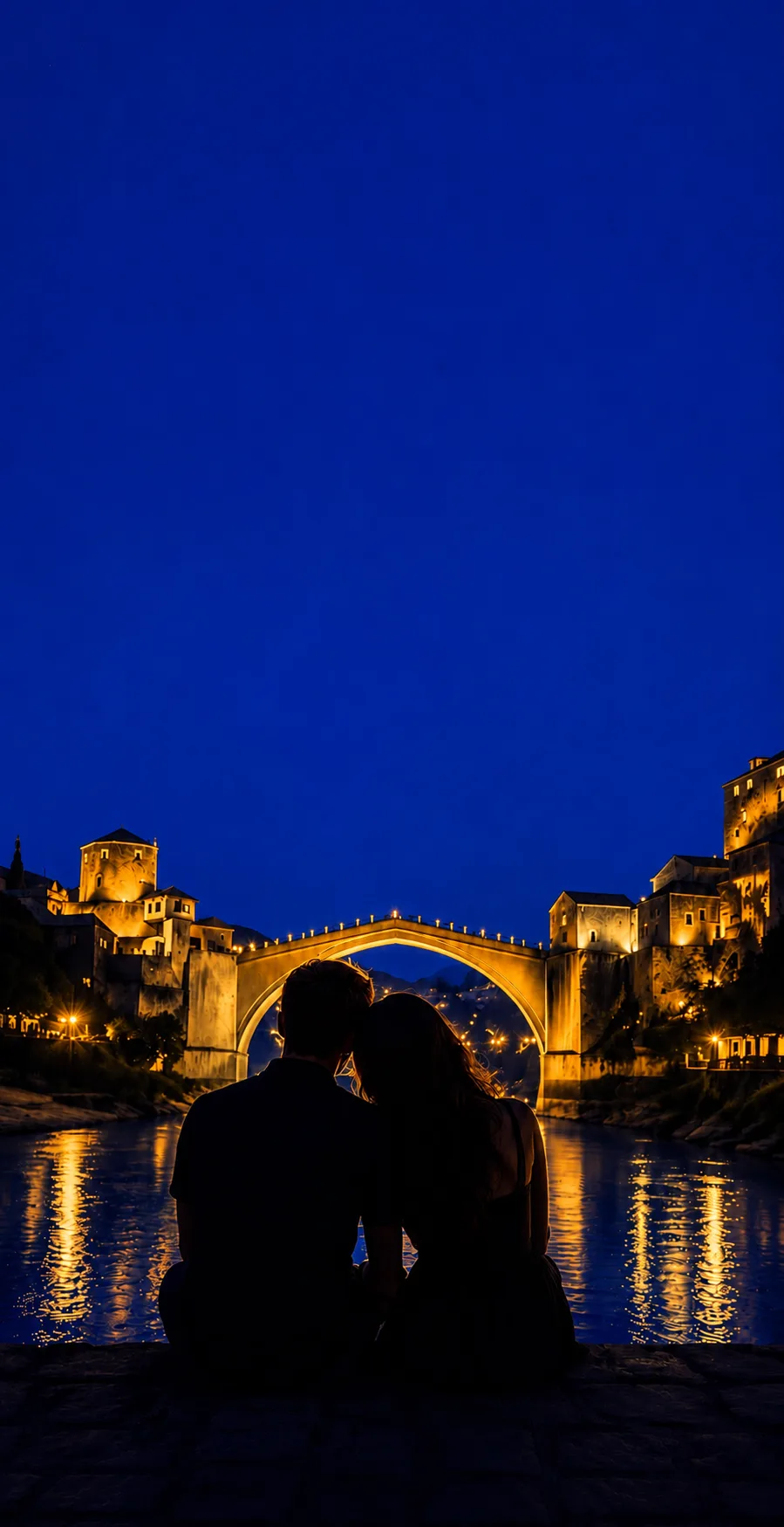 Couple overlooking the illuminated Old Bridge in Mostar at night